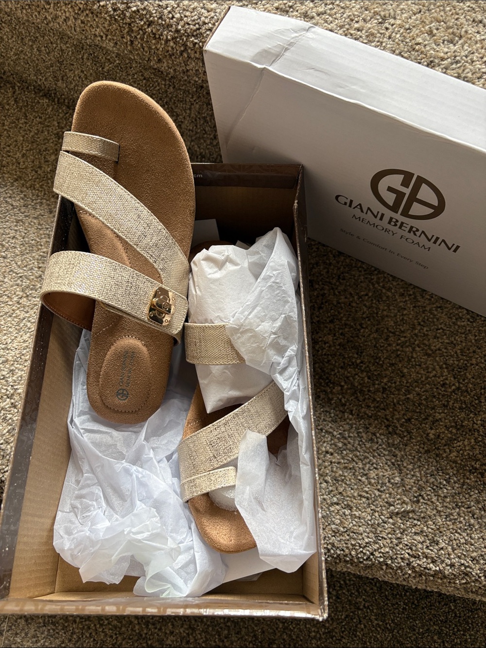 Giani Bernini Natural Beige Woven Slide Sandals with Gold Accent